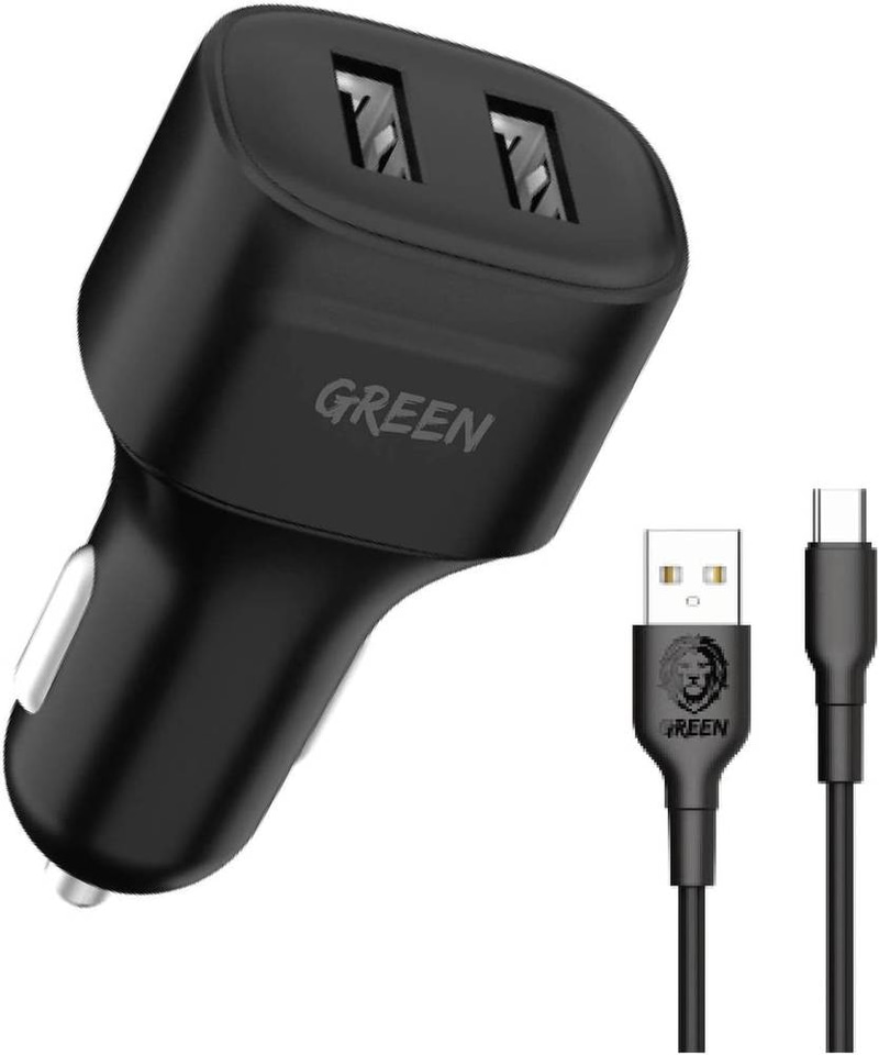 Green Lion Compact Car Charger Dual Port Fast Charger 12W with PVC Type-C Cable 1.2M