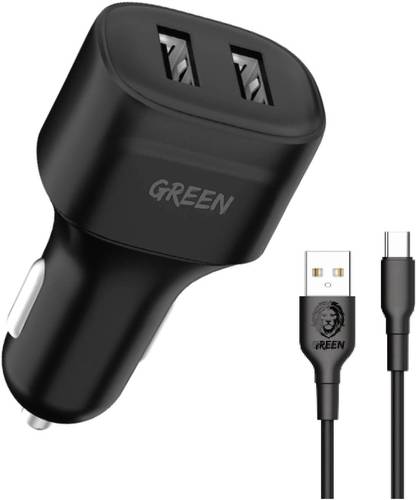 Green Lion Compact Car Charger Dual Port Fast Charger 12W with PVC Type-C Cable 1.2M