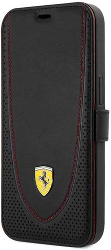 FERRARI GENIUNE LEATHER BOOKTYPE CASE WITH CURVED LINE STITCHED & PERFORATED LEATHER FOR IPHONE 13 PRO MAX (6.7') COVER CASE- BLACK