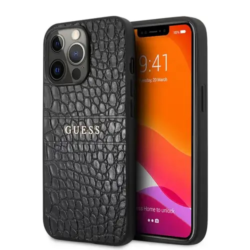 IPHONE 13 PRO - LEATHER CASE BLACK CROCO DESIGN HOT STAMPED LINES AND METAL LOGO - GUESS