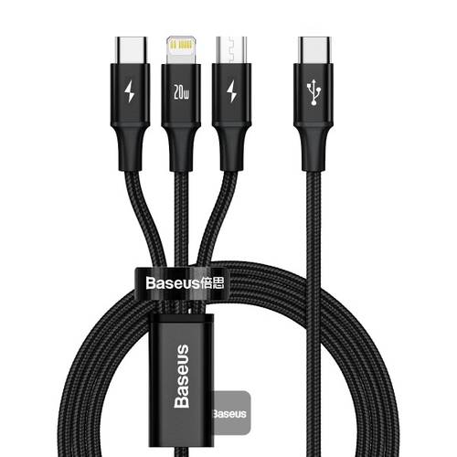 كابل بيانات Baseus Rapid Series 3 في 1 للشحن السريع من النوع C إلى M+L+C Pd 20 وات 1.5 متر