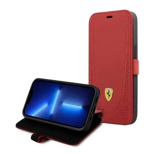 FERRARI GENIUNE LEATHER BOOKTYPE CASE WITH CURVED LINE STITCHED & PERFORATED LEATHER FOR IPHONE 13 PRO MAX (6.7')- RED COVER CASE