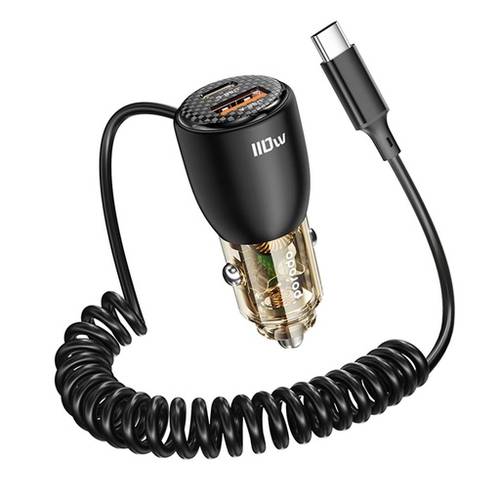PORODO 110W Dual Port Transparent Aluminum  Car Charger w/ Integrated Type- C Cable