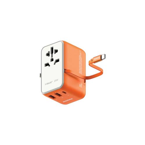 Momax 1-World 25W 3 Port With Built-In Usb-C Cable Ac Travel Adaptor - Orange UA20M