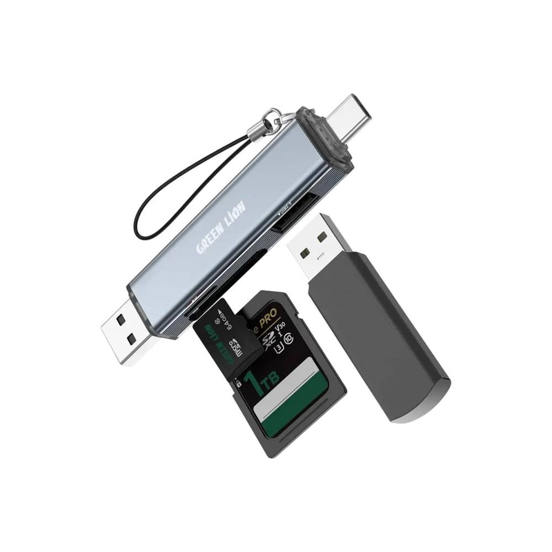 قارئ بطاقات Green Lion 3 في 1، يدعم التوصيل عبر USB-A وUSB-C، سرعة نقل بيانات 480 ميجابت في الثانية - رمادي