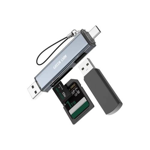قارئ بطاقات Green Lion 3 في 1، يدعم التوصيل عبر USB-A وUSB-C، سرعة نقل بيانات 480 ميجابت في الثانية - رمادي