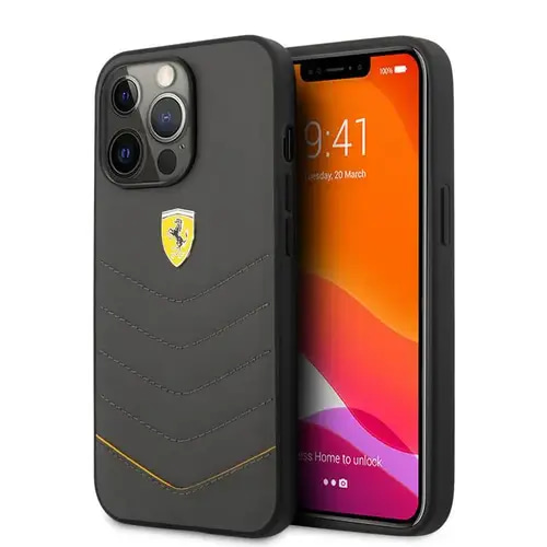 FERRARI GENIUNE LEATHER QUILTED EDGE HARD CASE FOR IPHONE 13 PRO (6.1') DARK GRAY CASE