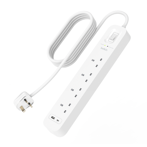 واقي من زيادة التيار من بيلكين مزود بمنافذ USB-C و USB-A - 4 منافذ 18 واط - 2 متر - أبيض