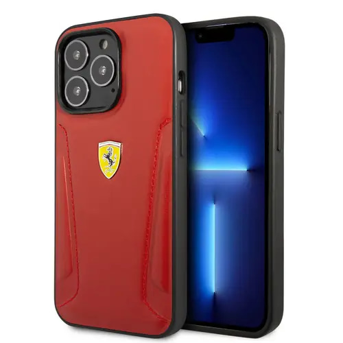IPHONE 14 PRO - LEATHER RED CASE HOT STAMPED SIDES AND YELLOW SHIELD LOGO - FERRARI