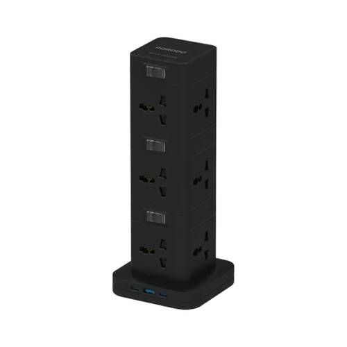 موزع طاقة بورودو ثلاثي الطوابق 12 أمبير تيار متردد مع منفذ USB-C بتقنية الشحن السريع PD و QC 3.0 - أسود