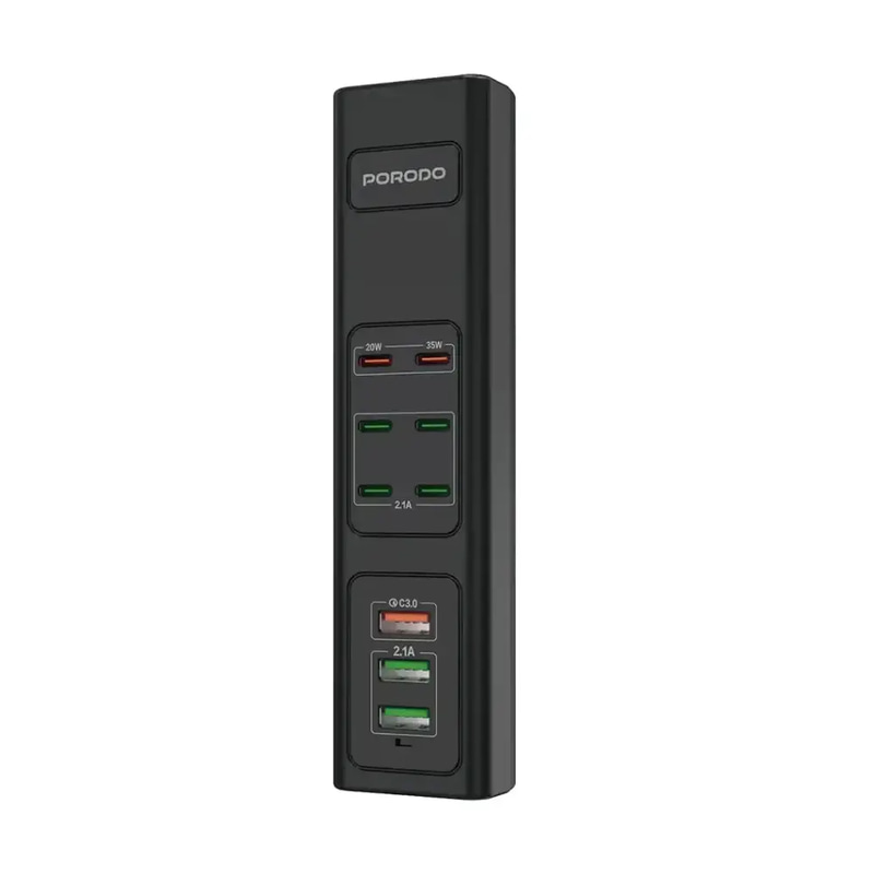محور شحن USB متعدد المنافذ بقوة 85 وات من بورودو - أسود
