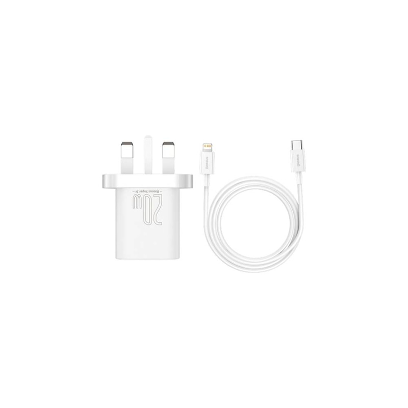 شاحن حائط سريع Baseus Super Si 1C بقوة 20 واط، منفذ USB من النوع C، مزود بكابل USB من النوع C إلى Lightning
