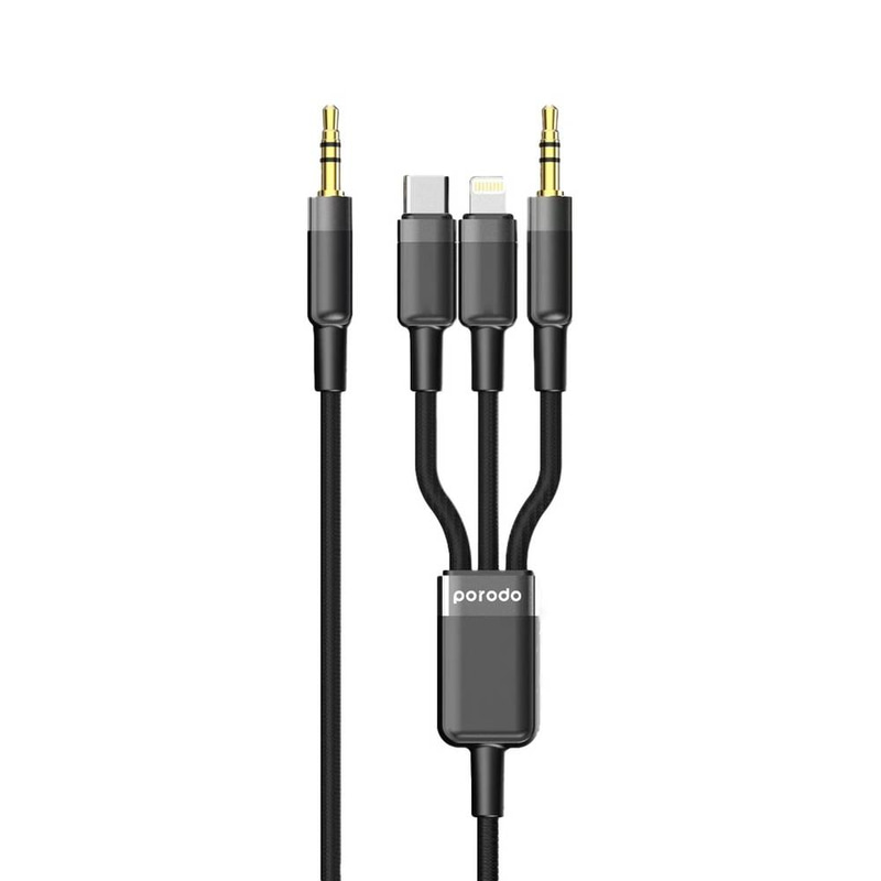 Porodo 3 in1 Aux 3.5 to 3.5+typeC Cable 1.2M - Black