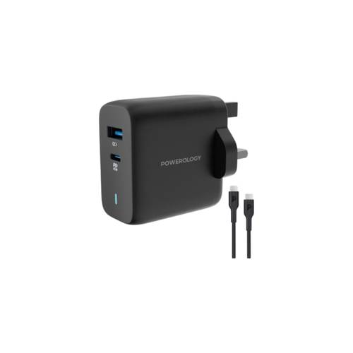 Powerology Dual Port Charger - PD 45W - With USB-C USB-C Cable - Black