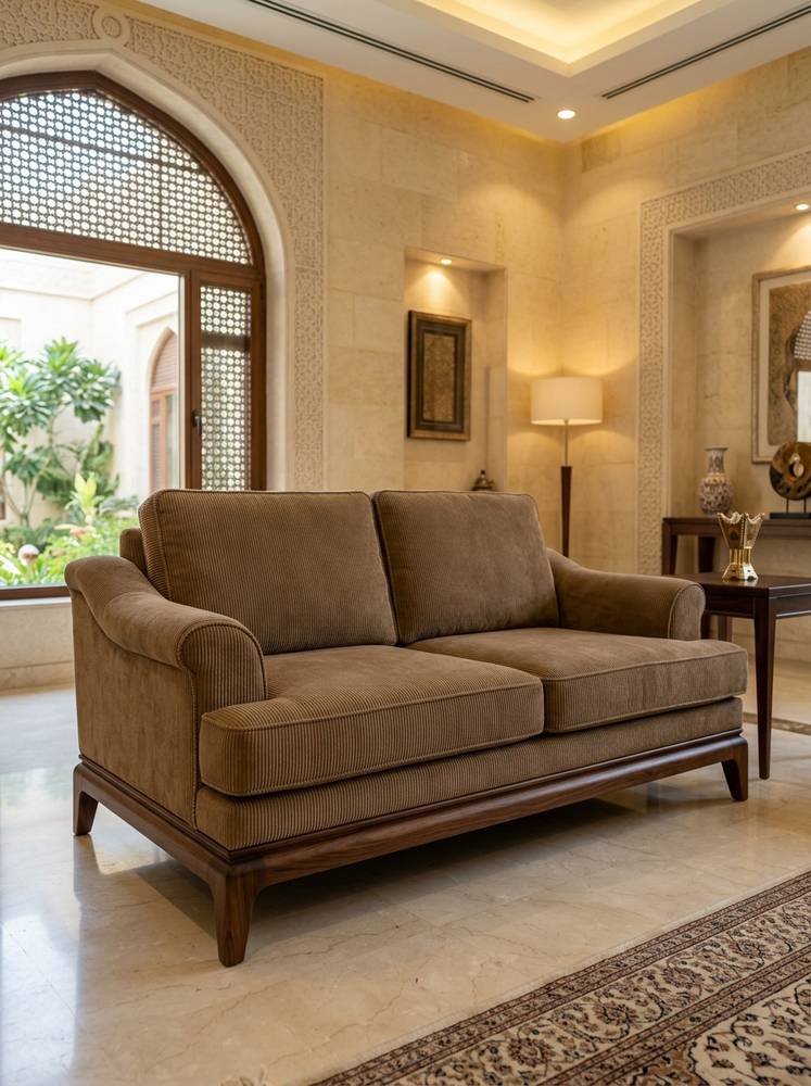 كنبة ثنائية من خشب سويدي متين بلون بني غامق - مصنوع من قماش بيج غامق بلون كودري