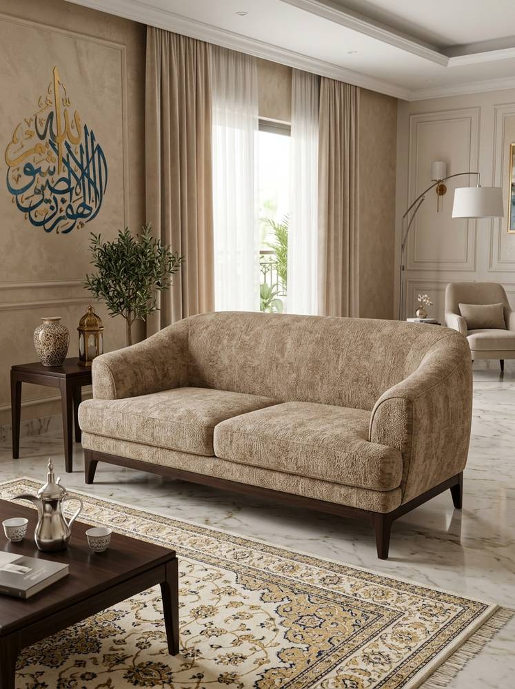كنبة ثنائية من خشب سويدي متين بلون بني غامق - مصنوع من قماش بيج محجر بلون شانيل محجر