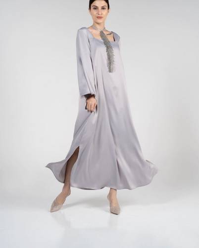 Silver Crepe Satin Qaftan With Swarovski Crystal collar