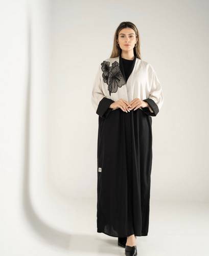 Half And Half Abaya With Large Shoulder Flower Detail
