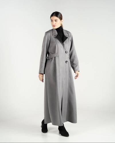 Grey Jacket With Side Belts And Black Collar