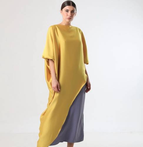 Yellow and purple two piece crepe kaftan