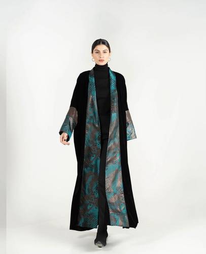 Black Abaya With Brown And Turquoise Collar