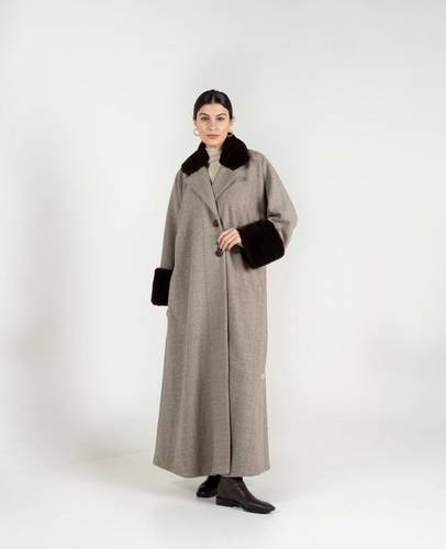 Brown Herringbone Jacket With Fur Collar