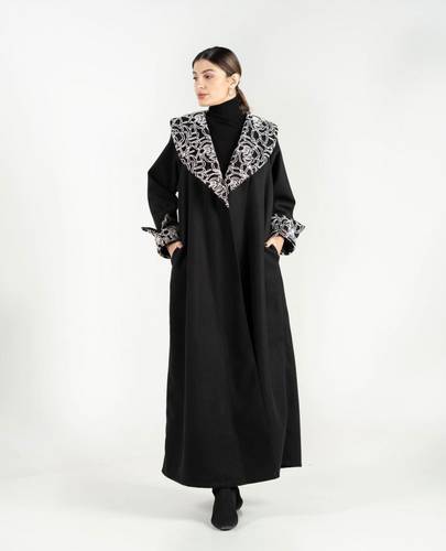 Black Abaya With White Wool Collar Embroidery