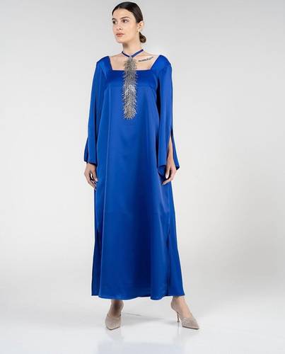 Indigo Crepe Satin Qaftan With Swarovski Crystal Coller