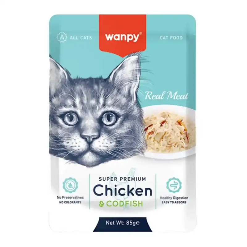 WANPY Super Premium wet food with chicken & cod for cats, 85g