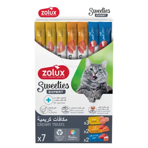 مكافات زولكس سويتيز متنوعة دجاج وتونا وسرطان البحر وسالمون للقطط 7×14g