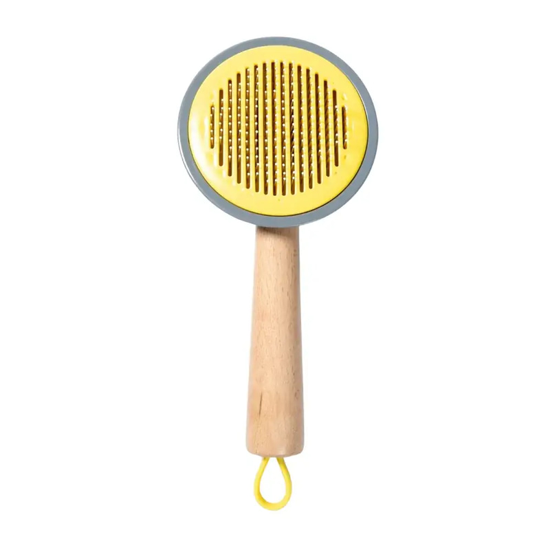 Pet grooming comb with a wooden handle, yellow color