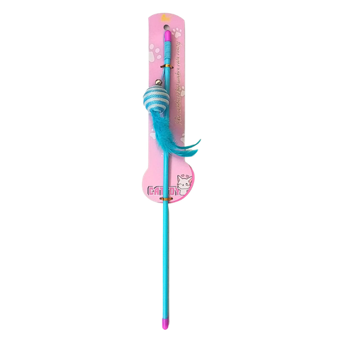 Blue cat toy with a feather and bell