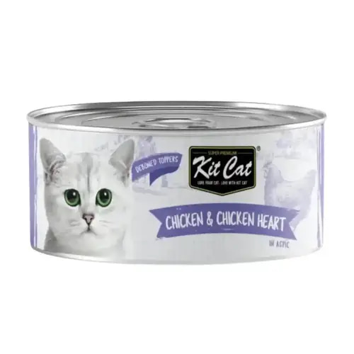 “Kit Cat Canned Cat Food with Chicken & Chicken Hearts – 80g.”