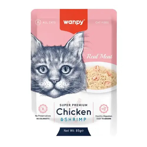 WANPY Super Premium wet food with chicken & shrimp for cats, 85g