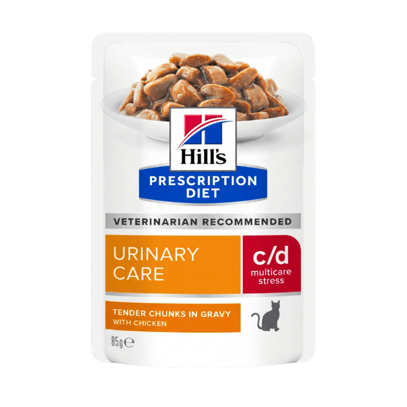 Hill's Prescription Diet c/d Urinary Care Chicken Pouches (85g) – for reducing the risk of bladder stones.