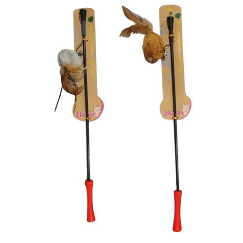 Cat fishing toy with a mouse-shaped ball, feathers, and bell