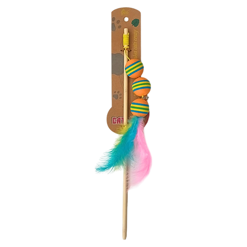 Feather fishing toy with three balls and an orange bell for cats
