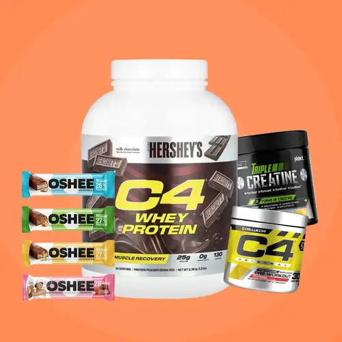 (Full Performance Pack) 1× C4 Whey Protein, 1× C4 Pre-Workout, 1× Triple Creatine, 4× Oshee Protein Bars
