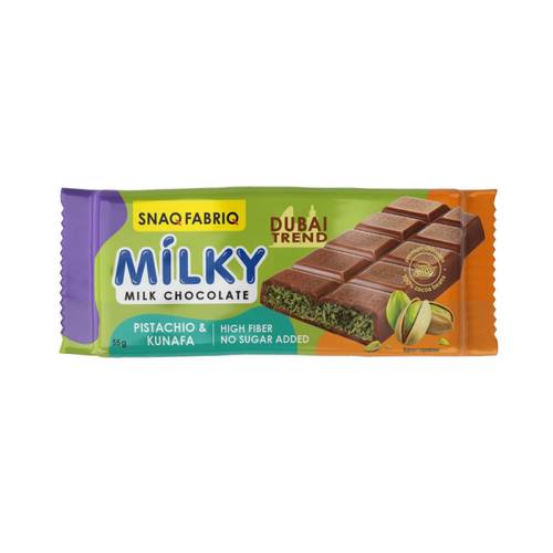 Milky Milk Chocolate with Pistachio Filling No Added Sugar 55 g – Snaq Fabriq Dubai Chocolate