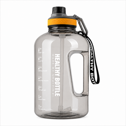 Lingouzi 2.2L Half Gallon Water Bottle with Handle & Covered Straw Lid, Leakproof Reusable Large Capacity Sport Water Jug with Time Marker for Outdoor Sports, Gym Workout, Camping, BPA Free