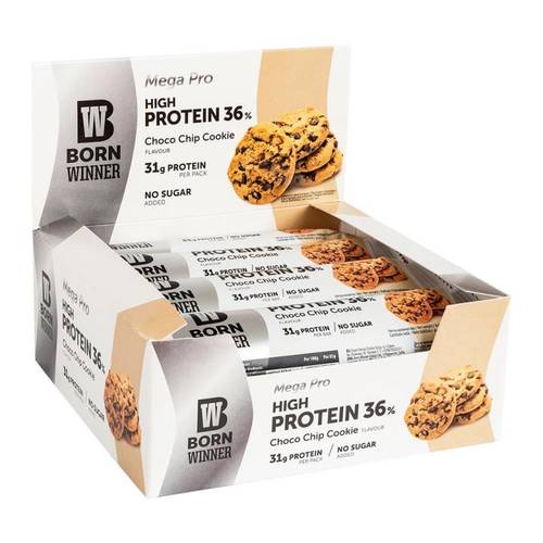 (Box of 12) Born Winner Mega Pro High Protein Choco Chip Cookie Flavour - 31 Grams of Protein - No Added Sugar - 85g