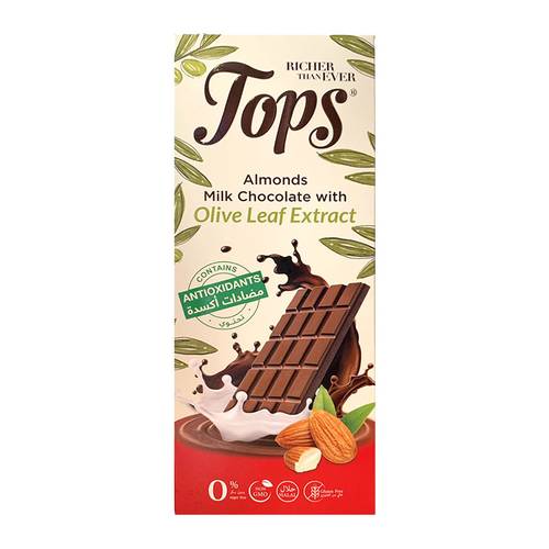 Tops Antioxidant Milk Chocolate with Almonds & Olive Leaf Extract 50g
