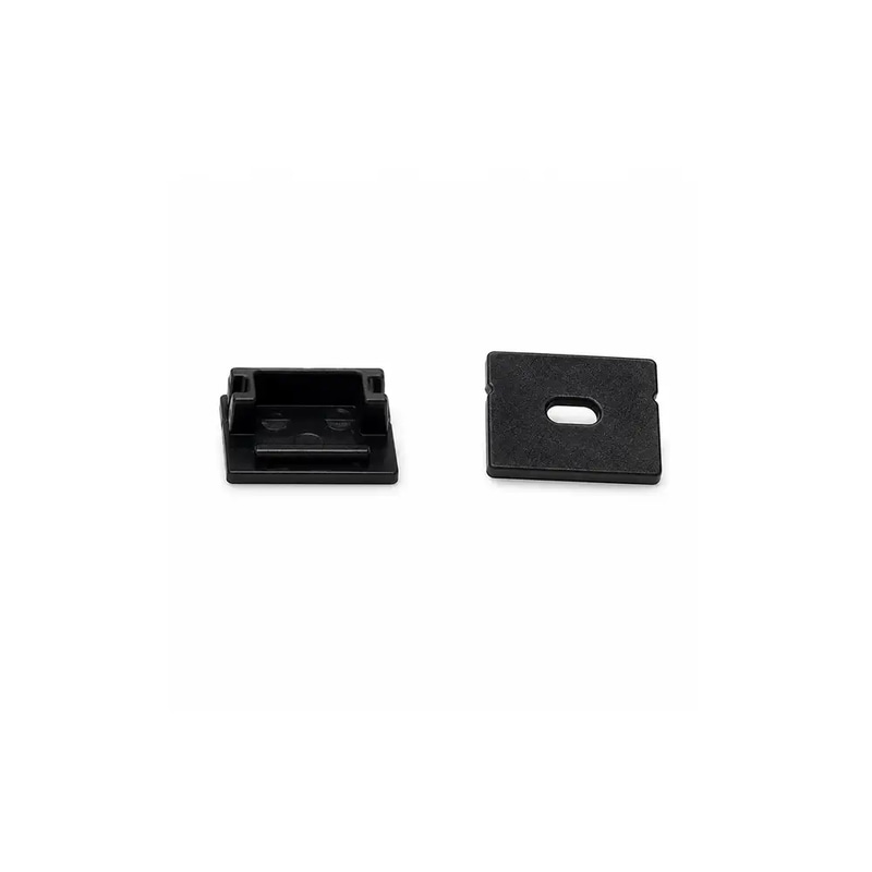 Black surface-mount aluminum channel end cap (height: 0.96 cm, width: 2.8 cm).
