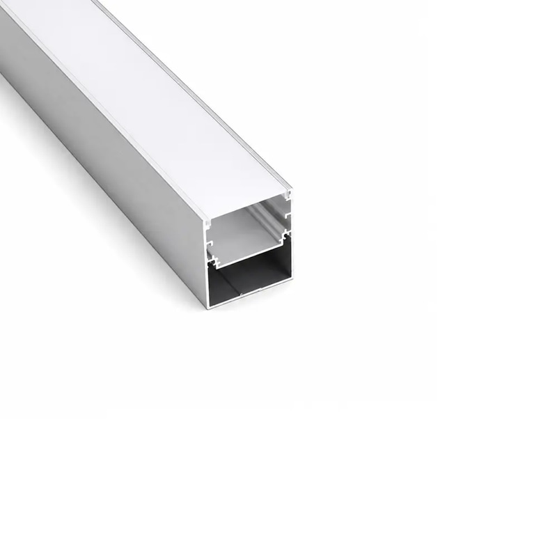 Exposed silver aluminum profile for LED strip; height 7.0 cm, width 5.0 cm.