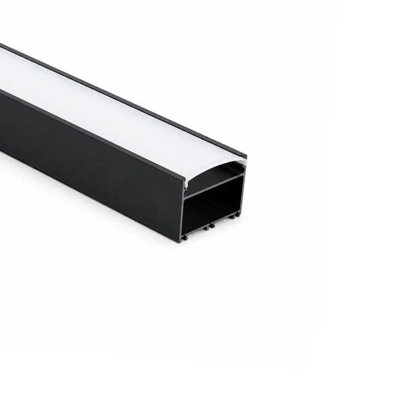 Black surface-mounted aluminum profile for LED strip; height 7 cm, width 10 cm.