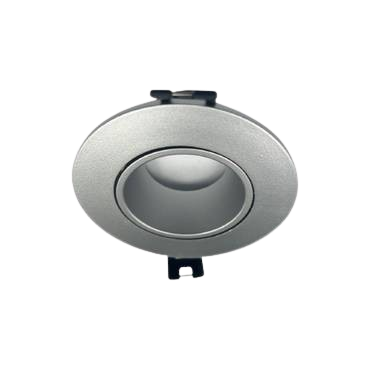 Silver plastic single adjustable recessed round ceiling frame; cutout dimensions: 7 cm length, 7 cm width.