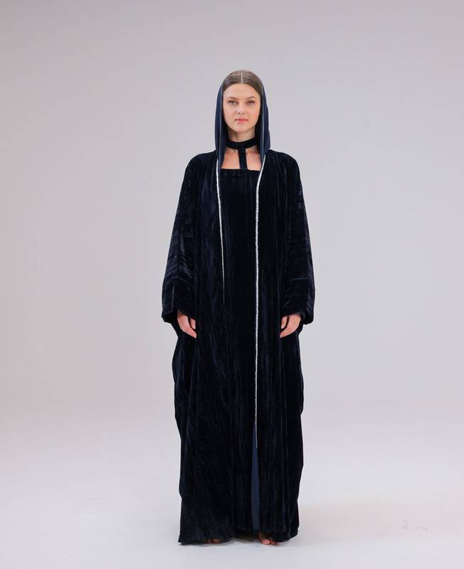 Brown Abaya Embroidered With Silver Zari, Bisht Cut