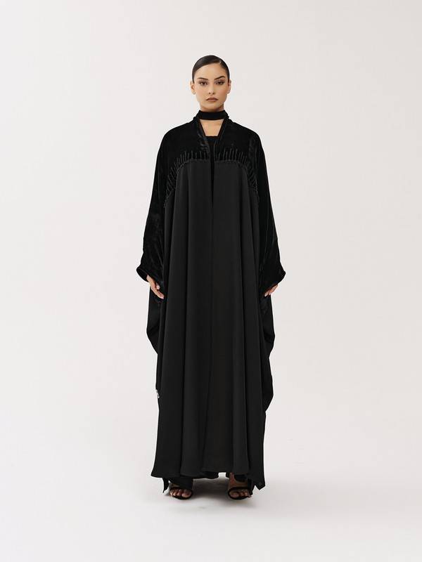 Black Crepe Abaya With Black Velvet And Hand Embroidery, Bisht Cut
