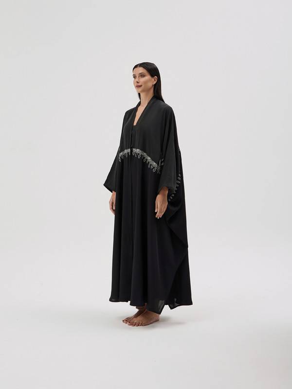 Black Crepe Abaya With Black And Green Washed Silk, Embroidered With Al-Qatt Al-Asiri, Free Size Cut.