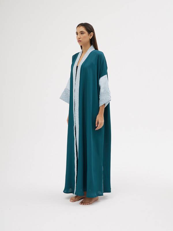 Green Crepe Abaya With Sky Blue Linen Sleeves, Free Size Cut.